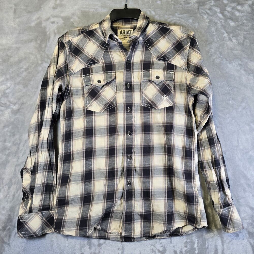 Ariat Retro Fit Button Down Shirt S Black Cream Western Plaid Long Sleeve Cowboy